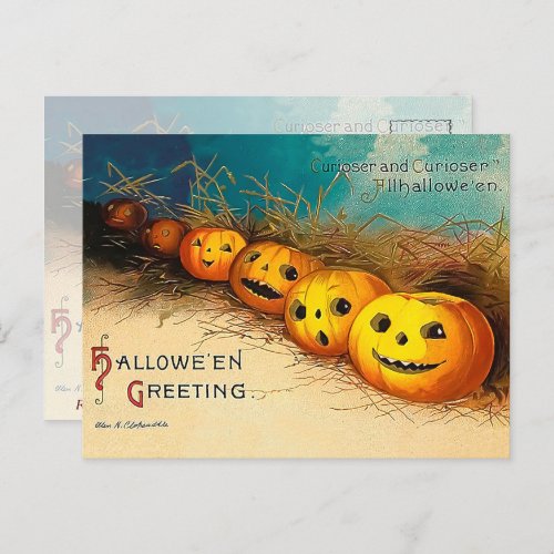 Vintage Halloween Row of Jack O Lanterns Greeting Postcard