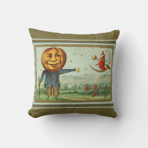 Vintage Halloween Scarecrow and Witch Throw Pillow