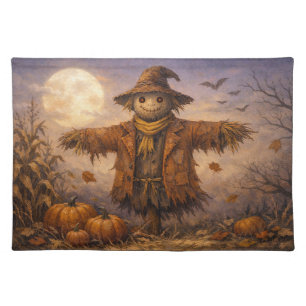 Vintage Halloween Scarecrow Moonlit Pumpkin Patch Cloth Placemat