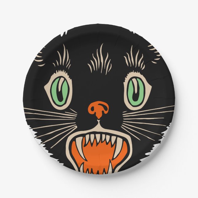 Vintage Halloween Scared Black Cat Paper Plates (Front)