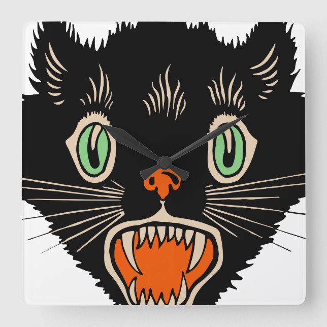 Vintage Halloween Scared Black Cat Square Wall Clock (Front)