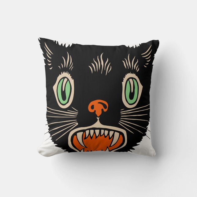 Vintage Halloween Scared Black Cat Throw Pillow (Front)