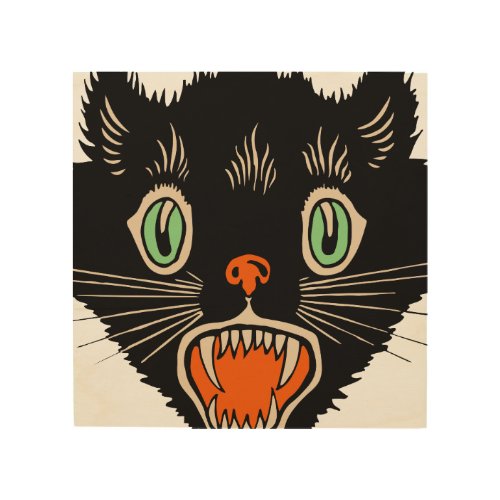Vintage Halloween Scared Black Cat Wood Wall Art
