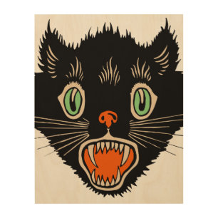 Vintage Halloween Scared Black Cat Wood Wall Decor