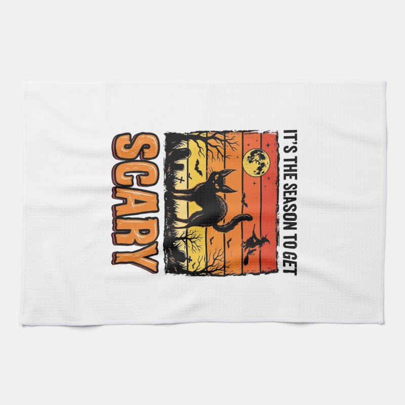 Vintage Halloween Scary Cat Witch Shirt Design_1 Kitchen Towel