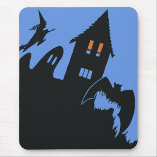 Vintage Halloween, Scary Haunted House and Witch Mouse Pad