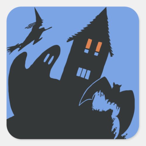 Vintage Halloween Scary Haunted House and Witch Square Sticker