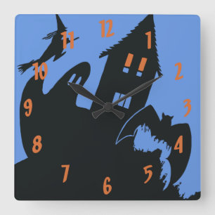 Vintage Halloween, Scary Haunted House and Witch Square Wall Clock
