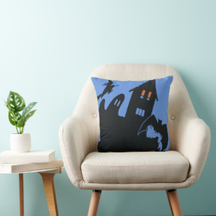 Vintage Halloween, Scary Haunted House and Witch Throw Pillow