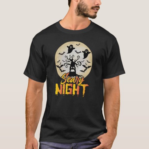 Vintage Halloween Scary Night Spooky Ghosts Bats  T_Shirt