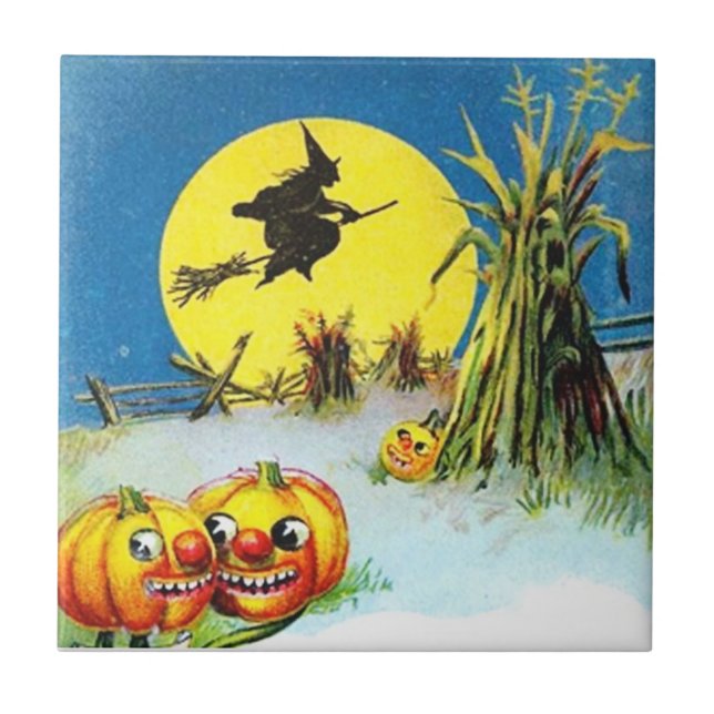 Vintage Halloween Scene Ceramic Tile (Front)