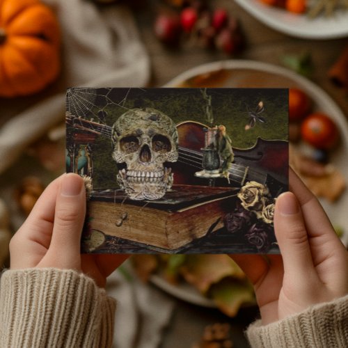 Vintage Halloween Scene Decoupage Skull Ephemera  Postcard