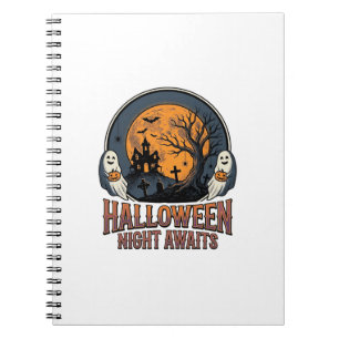 Vintage Halloween Scene Engraved Moon Ghost Shirt_ Notebook