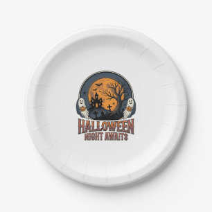 Vintage Halloween Scene Engraved Moon Ghost Shirt_ Paper Plates