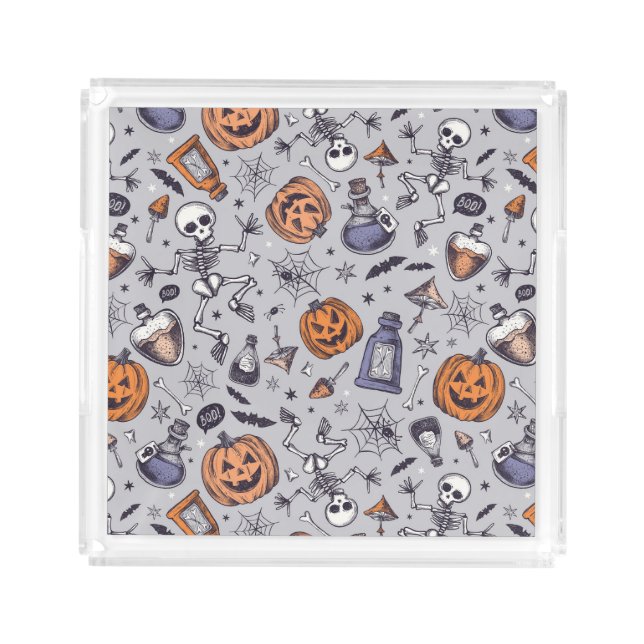 Vintage Halloween Skeleton and Potions Pattern Acrylic Tray (Front)