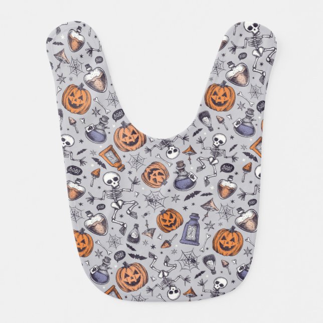 Vintage Halloween Skeleton and Potions Pattern Baby Bib (Front)