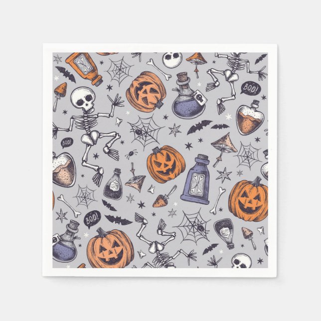 Vintage Halloween Skeleton and Potions Pattern Napkins (Front)