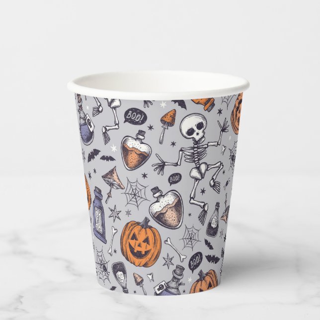 Vintage Halloween Skeleton and Potions Pattern Paper Cups (Front)