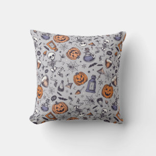 Vintage Halloween Skeleton and Potions Pattern Throw Pillow