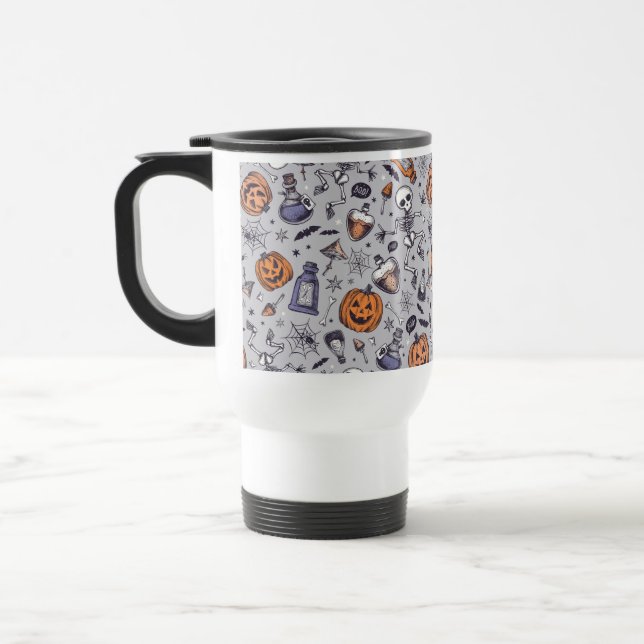 Vintage Halloween Skeleton and Potions Pattern Travel Mug (Left)