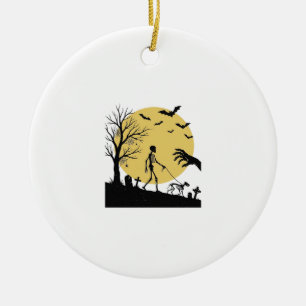 Vintage Halloween Skeleton Dog Moon Vector Design_ Ceramic Ornament