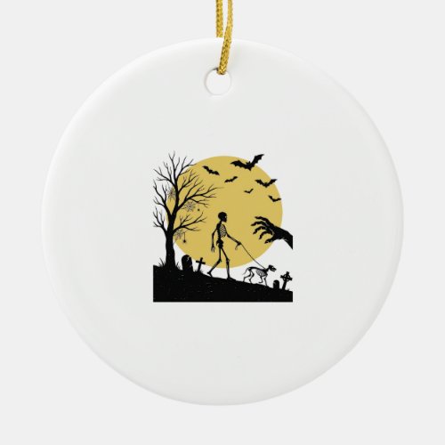 Vintage Halloween Skeleton Dog Moon Vector Design_ Ceramic Ornament