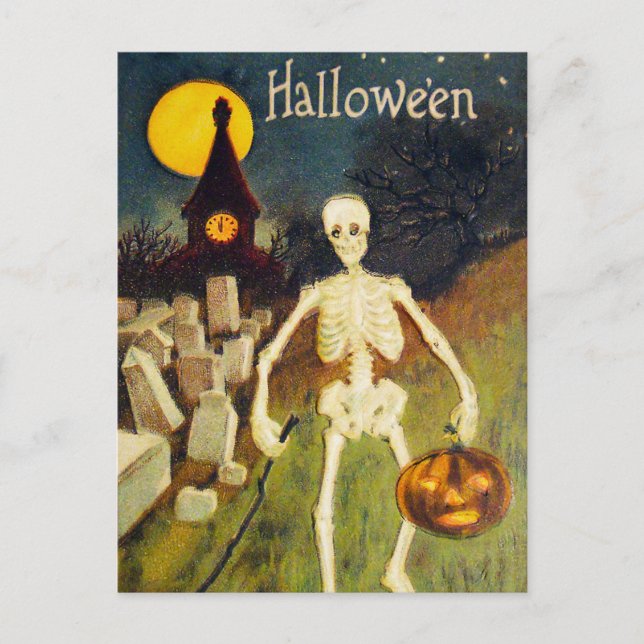 Vintage Halloween skeleton pumpkin postcard (Front)
