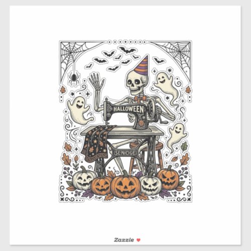 Vintage Halloween Skeleton Sewing Machine Shirt De Sticker