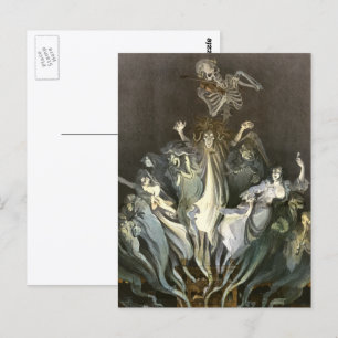 Vintage Halloween, Skeleton Violinist and Ghosts Postcard