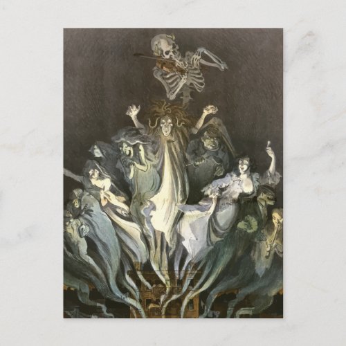 Vintage Halloween Skeleton Violinist and Ghosts Postcard