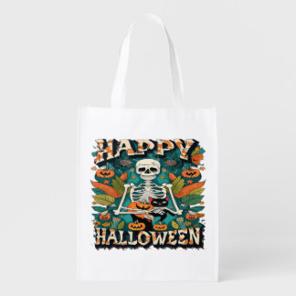 Vintage Halloween Skeleton With Cat And Jack-O-Lan Grocery Bag