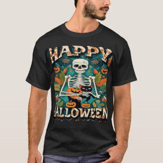 Vintage Halloween Skeleton With Cat And Jack-O-Lan T-Shirt