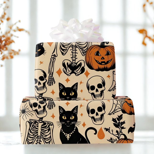 Vintage Halloween Skeletons, Black Cats & Pumpkins Wrapping Paper (Creator Uploaded)