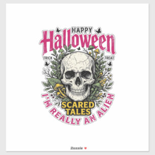Vintage Halloween Skull Alien Graphic for White Sh Sticker