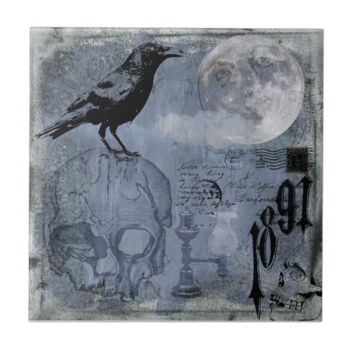 Vintage Halloween Skull and Crow Ceramic Tile