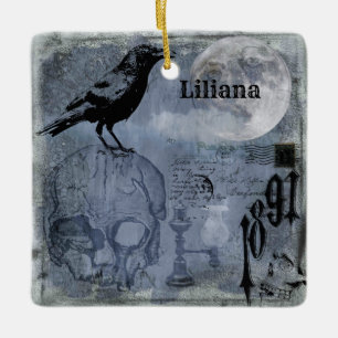 Vintage Halloween Skull and Crow Customize Ceramic Ornament
