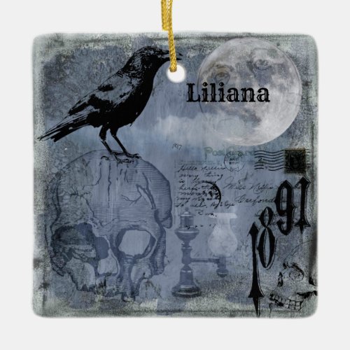 Vintage Halloween Skull and Crow Customize Ceramic Ornament