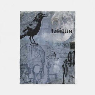 Vintage Halloween Skull and Crow Customize Fleece Blanket