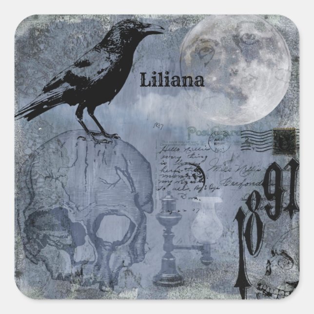 Vintage Halloween Skull and Crow Customize Square Sticker (Front)