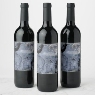 Vintage Halloween Skull and Crow Customize Wine Label