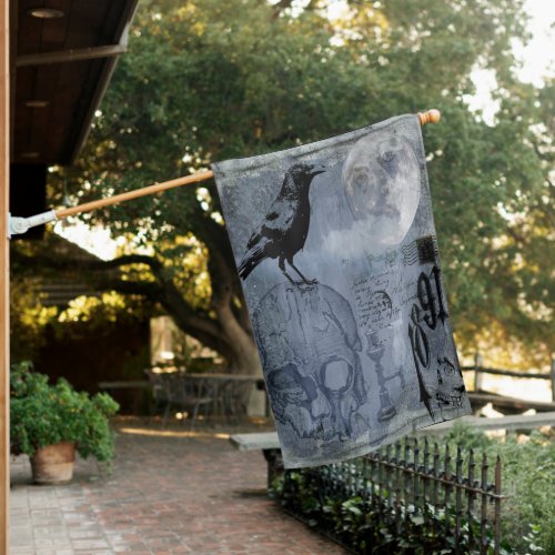 Vintage Halloween Skull and Crow House Flag