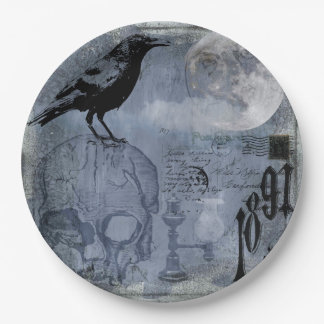 Vintage Halloween Skull and Crow Paper Plates