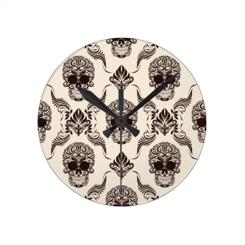 vintage,halloween,skull,damask,pattern,chic,grunge round wall clock