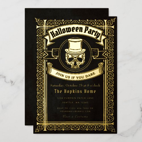 Vintage Halloween Skull in Top Hat Party Invitatio Foil Invitation