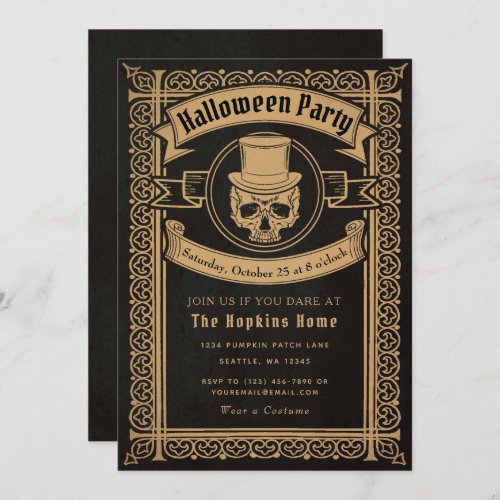 Vintage Halloween Skull in Top Hat Party Invitation