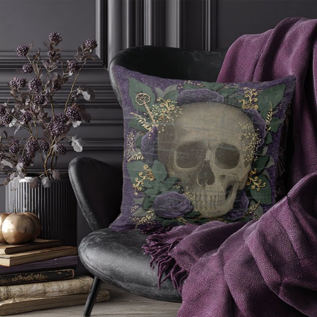 Vintage Halloween Skull Throw Pillow (Purple Floral Skull Pillow)