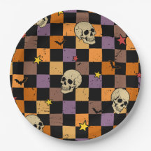 Vintage Halloween Skulls and bats checkerboard
