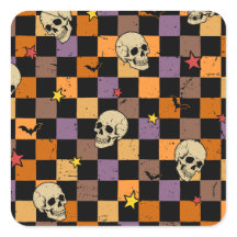 Vintage Halloween Skulls and bats checkerboard