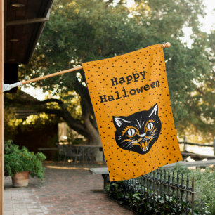 Vintage Halloween Smiling Black Cat Face Stars House Flag