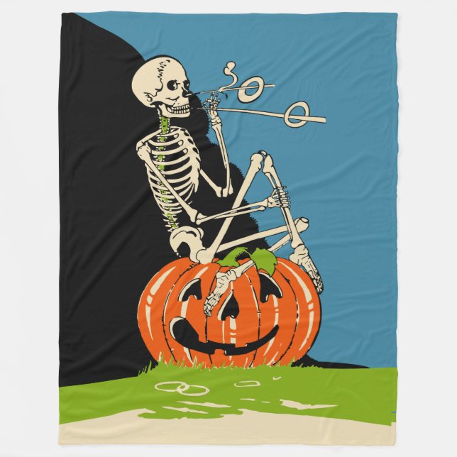 Vintage Halloween Smoking Skeleton Fleece Blanket (Front)